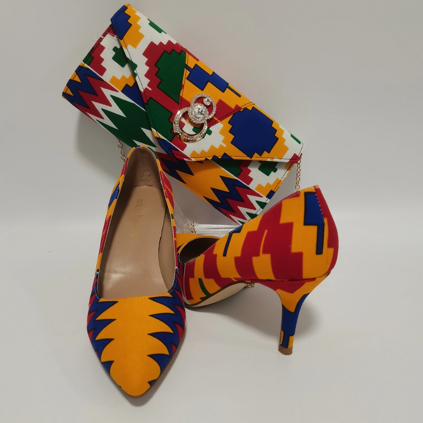 African Kente Print Women’s Shoe & Purse Set - Ankara Wax Print High Heels for Parties, Sizes 37-42