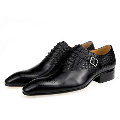 Men’s Genuine Leather Formal Shoes - Fashion Lace-Up Wedding Brogue Dress Shoes with Woven Design