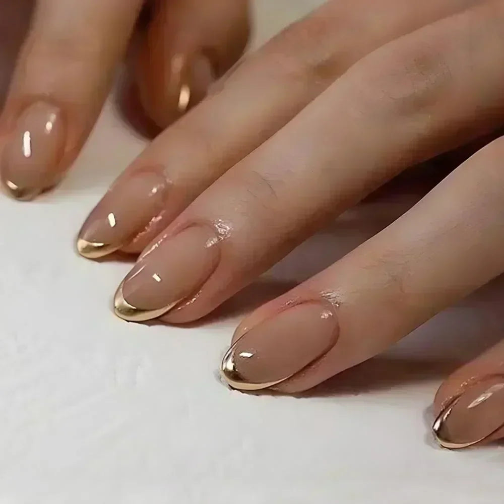 24Pcs French Press On Nails - Almond Fake Nail Tips with Glue, White Edge Design & Pink Stiletto Style Manicure Set