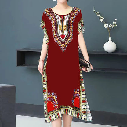 Women’s Bohemian Floral Tunic Dress - Retro Ethnic Print Batwing Sleeve Loose Summer Maternity Streetwear
