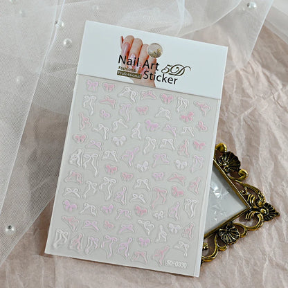 5D Pink & White Bowknot Nail Stickers – Self-Adhesive Kawaii Ribbon Nail Art Decals for DIY Manicure & Nail Decoration