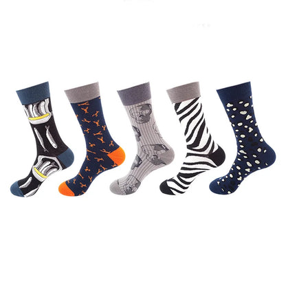 5-Pair Men’s Cotton Sports Socks Pack - Hip Hop Harajuku Pastel Print Long Tube Running Casual Socks