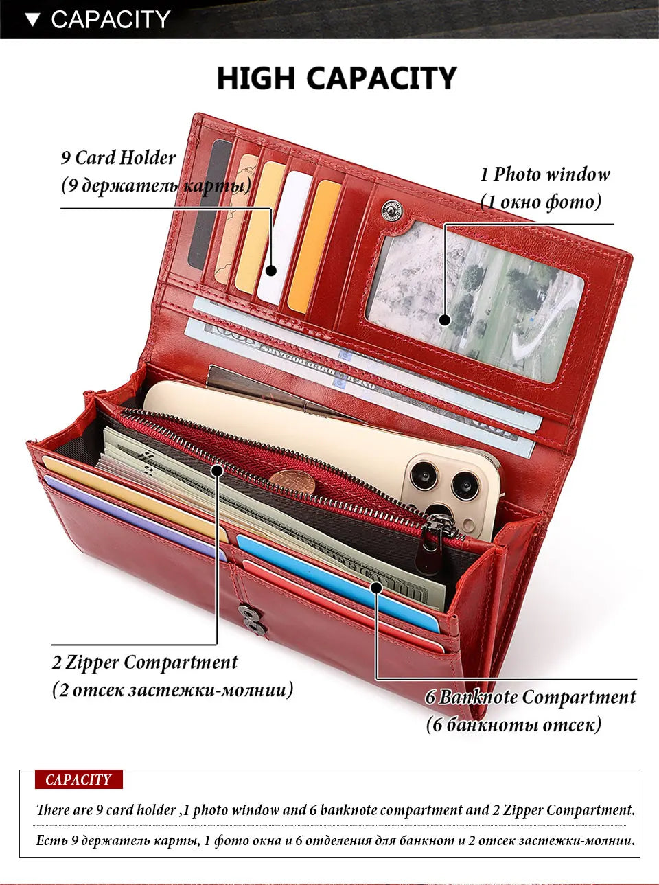 Women's Genuine Leather Clutch Wallet – RFID Blocking Phone Purse with Zipper Pocket
