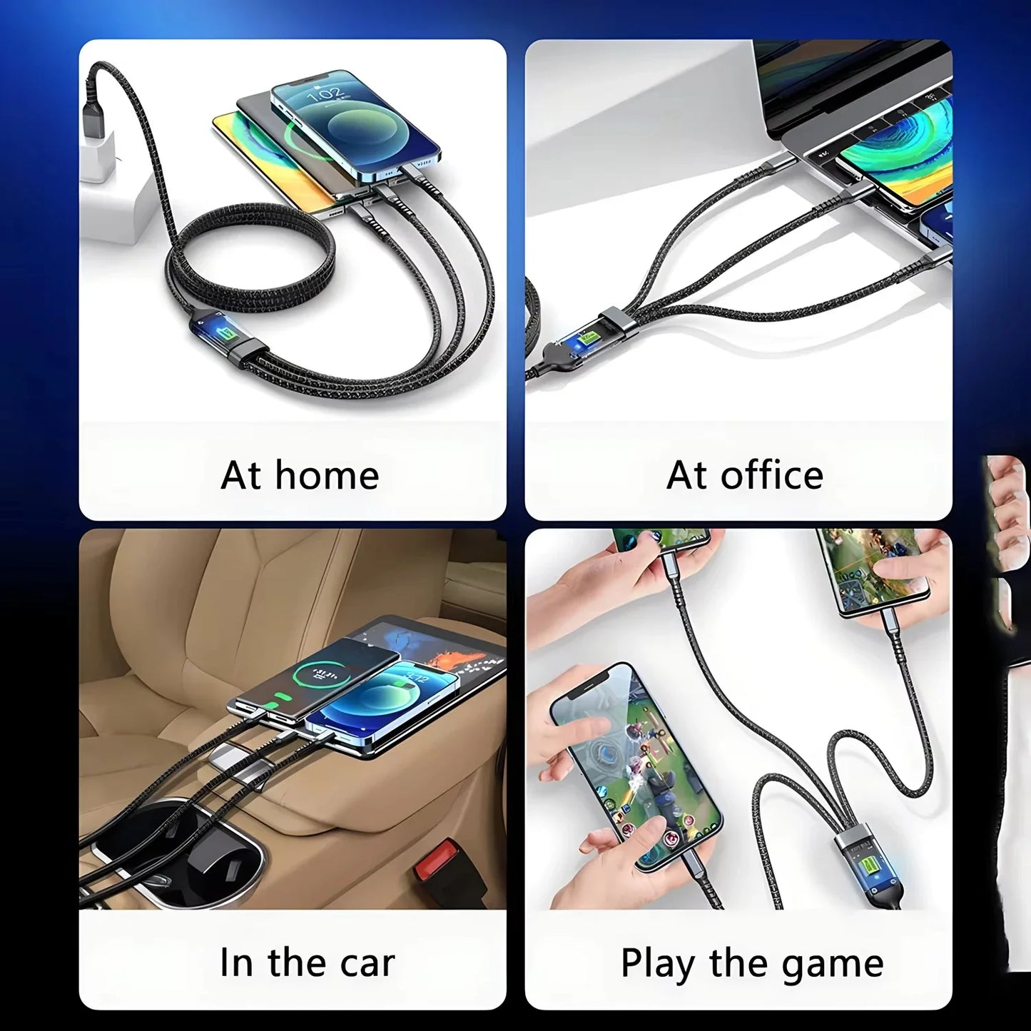 3-in-1 100W 6A Fast Charging Cable — USB to Type-C, Micro, Lightning for iPhone 13–16, Samsung, Xiaomi, Huawei