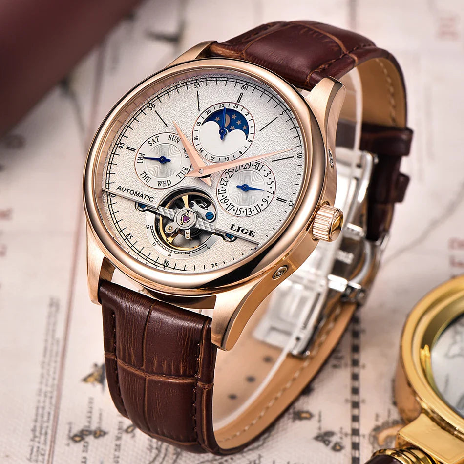LIGE Men's Automatic Mechanical Tourbillon Watch - Waterproof Genuine Leather Military Wristwatch