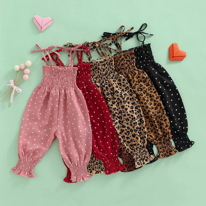 Lioraitiin Toddler Girl Sling Jumpsuit – Heart & Leopard Print Pleated Tie-Up Overalls Romper for Ages 0-4 Years