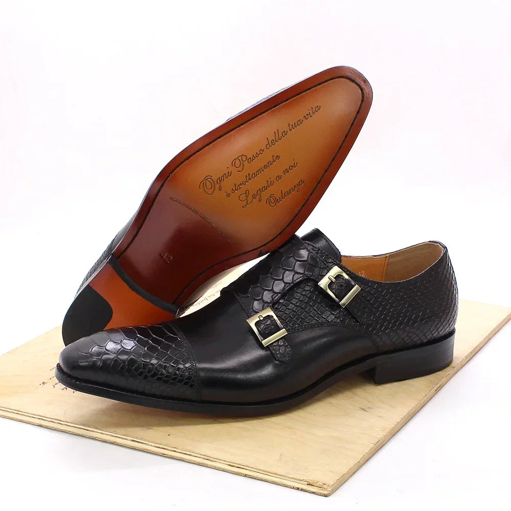 Men’s Genuine Leather Monk Strap Shoes - Double Buckle Snake Print Cap Toe Italian Style Dress Shoes