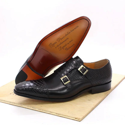 Men’s Genuine Leather Monk Strap Shoes - Double Buckle Snake Print Cap Toe Italian Style Dress Shoes