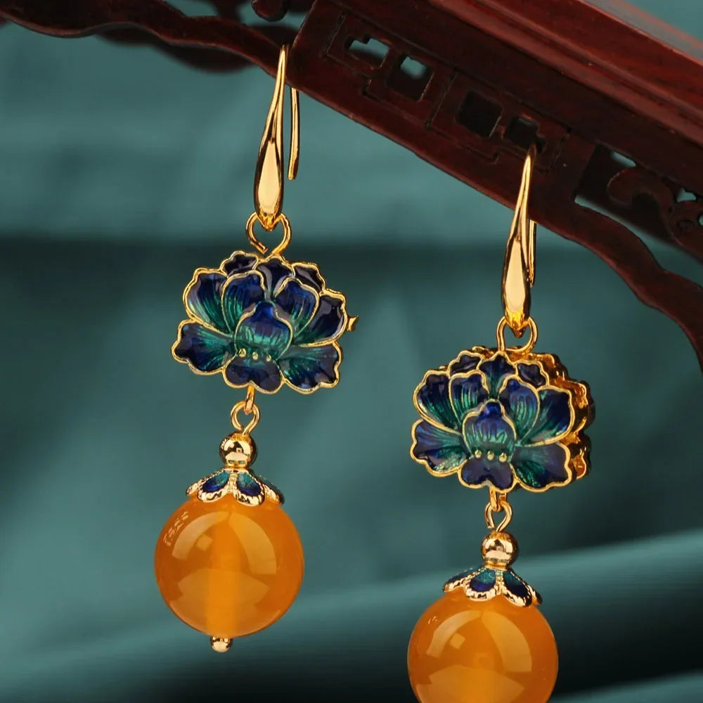 Vintage Flower Drop Earrings - Natural Stone Ethnic Jewelry for Women