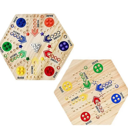 Marble Game Board - Double Sided Wooden Fast Track Board Game with 24 Marbles, 6 Dice & 6 Player Set