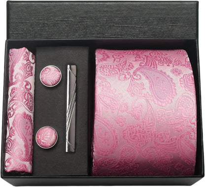 100% Silk Paisley Floral Necktie Set for Men - Premium Business Tie with Pocket Square Tie Clip Cufflinks Gift Box