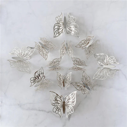 12PCS 3D Hollow Butterfly Wall Stickers – Gold, Silver & Rose Decorative Decals for Wedding, Living Room & Home Decor
