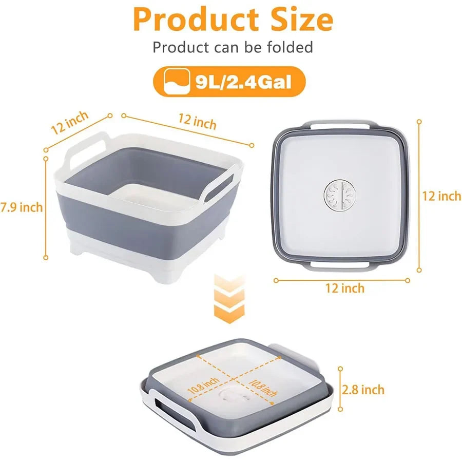 9L Collapsible Wash Basin - Portable Plastic Sink with Drain Plug for Vegetables, Fruits, Dishes & Storage