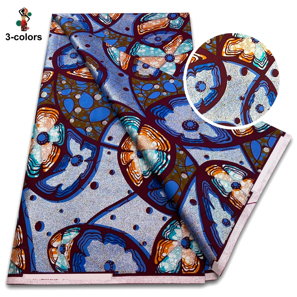 African Glitter Golden Wax Fabric - Nigerian Ankara Gold Print 6 Yards Sewing Material