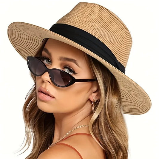 Unisex Straw Fedora Hat - Summer Beach Ribbon Jazz Style Sun Hat for Men & Women
