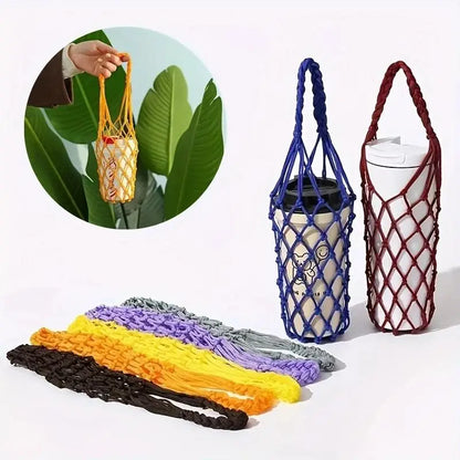 Portable Crochet Cup Holder Bag – Foldable Woven Bottle & Coffee Mug Carry Net Cover