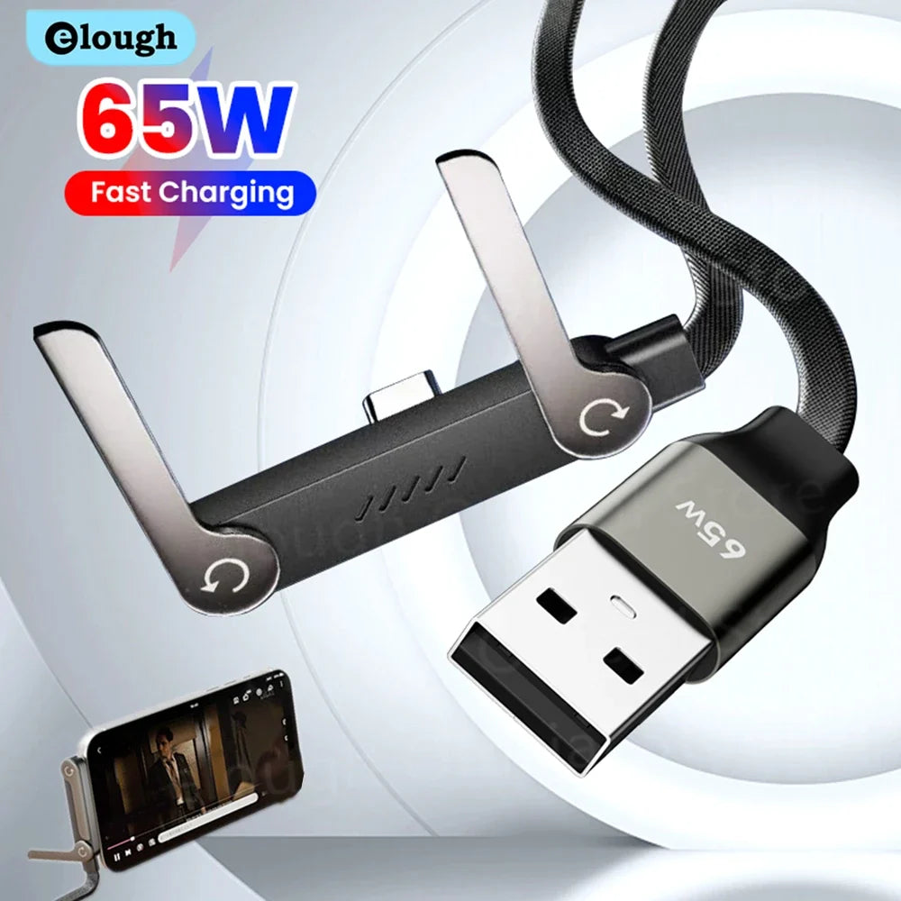 65W 2-in-1 USB-A to USB-C Cable - Fast Charging Foldable Phone Holder with Built-In Desk Stand