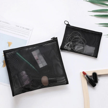 Transparent Mesh Zipper Cosmetic Bag – Fashionable Black Toiletry Organizer, Small & Large Makeup Pouch for Women