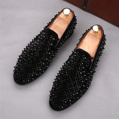 Men’s Luxury Rhinestone Loafers - Rivet Patchwork Casual Wedding, Prom and Formal Dress Shoes