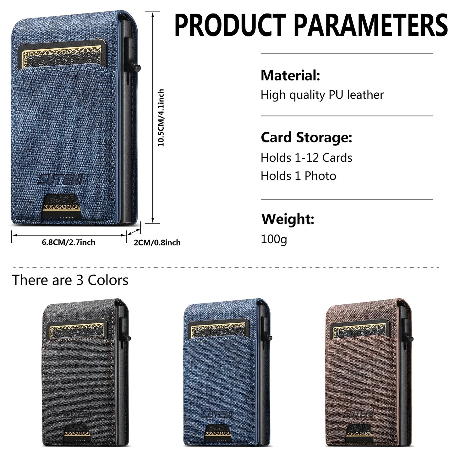 Push-Out PU Leather Card Holder Wallet – Large Capacity for 1–12 Cards & 1 Photo, Black/Brown/Blue