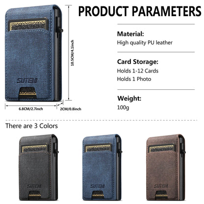 Push-Out PU Leather Card Holder Wallet – Large Capacity for 1–12 Cards & 1 Photo, Black/Brown/Blue