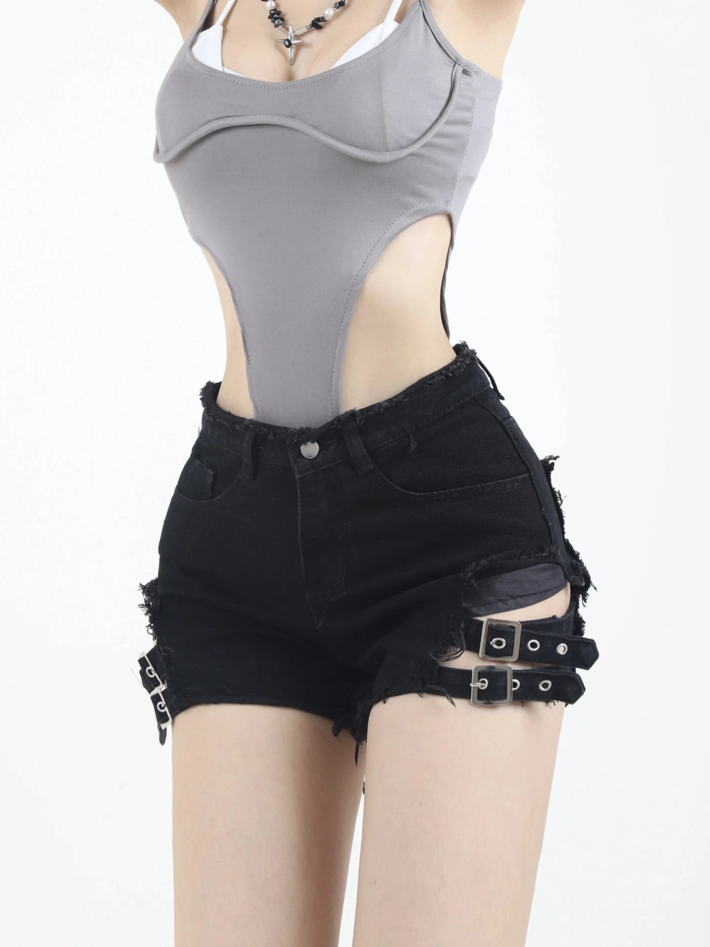 Vintage Harajuku Denim Shorts - Women's High Waist Irregular Goth Rock Style Slim Fit Summer Shorts