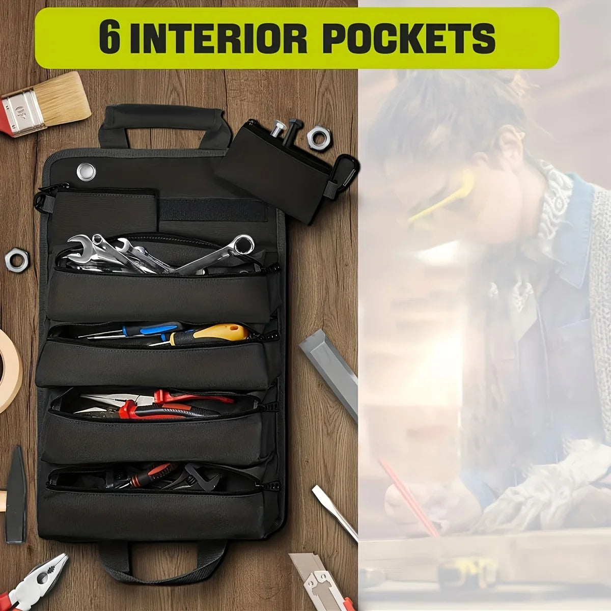 Roll-Up Tool Bag Organizer - Heavy-Duty Portable Tool Bag with 6 Detachable Pouches