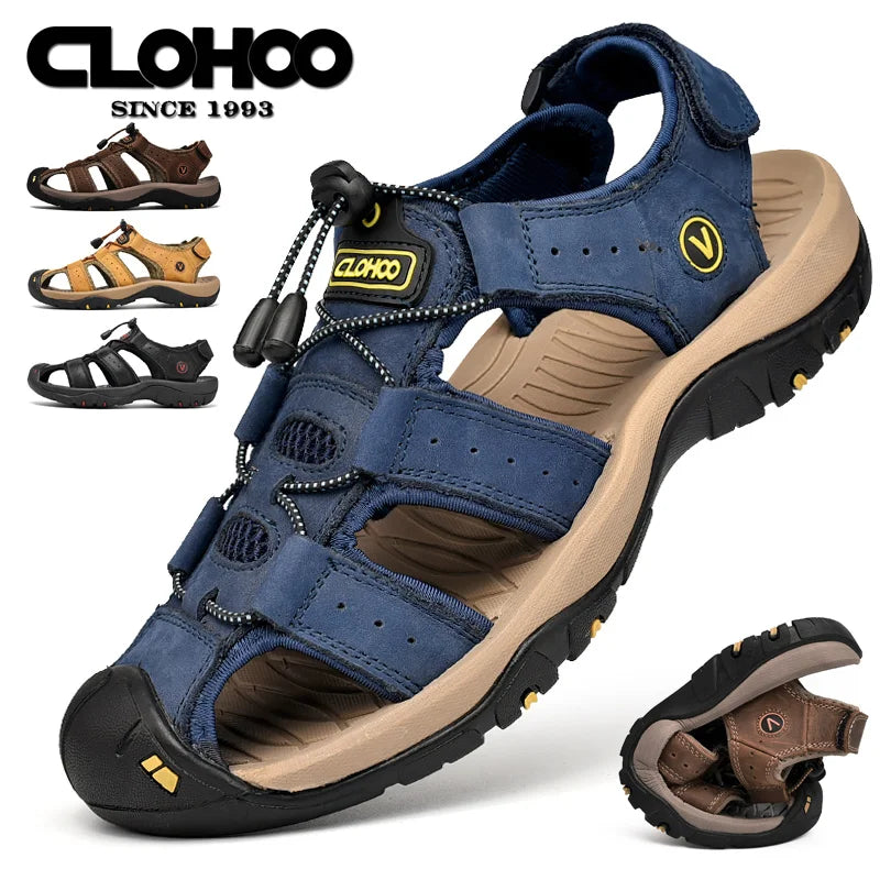 CLOHOO Men's Leather Sandals - Handmade Thick Sole Breathable Slip-On Beach Shoes