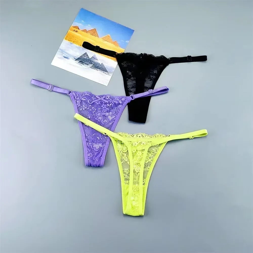 Women's Sexy Lace Thong Set - 3-Piece Sheer G-String Low Waist Plus Size Lingerie