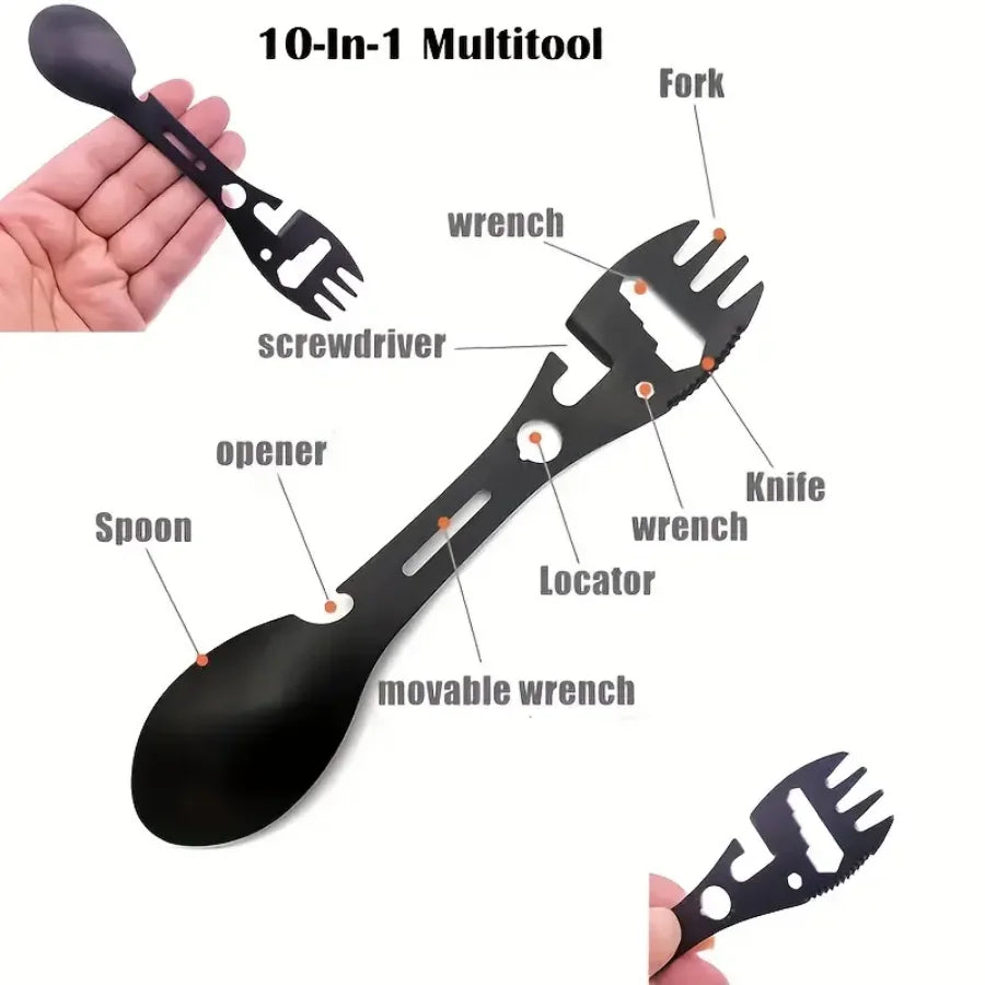 Outdoor Survival Fork Spoon Tool - Lightweight Camping Utensil with Bottle Opener Tactical Utility Gear