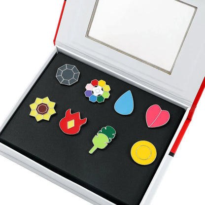 Anime League Gym Badge Set – Metal Brooches from Sinnoh, Johto, Hoenn & Indigo with Pikachu & Squirtle Figure Toys