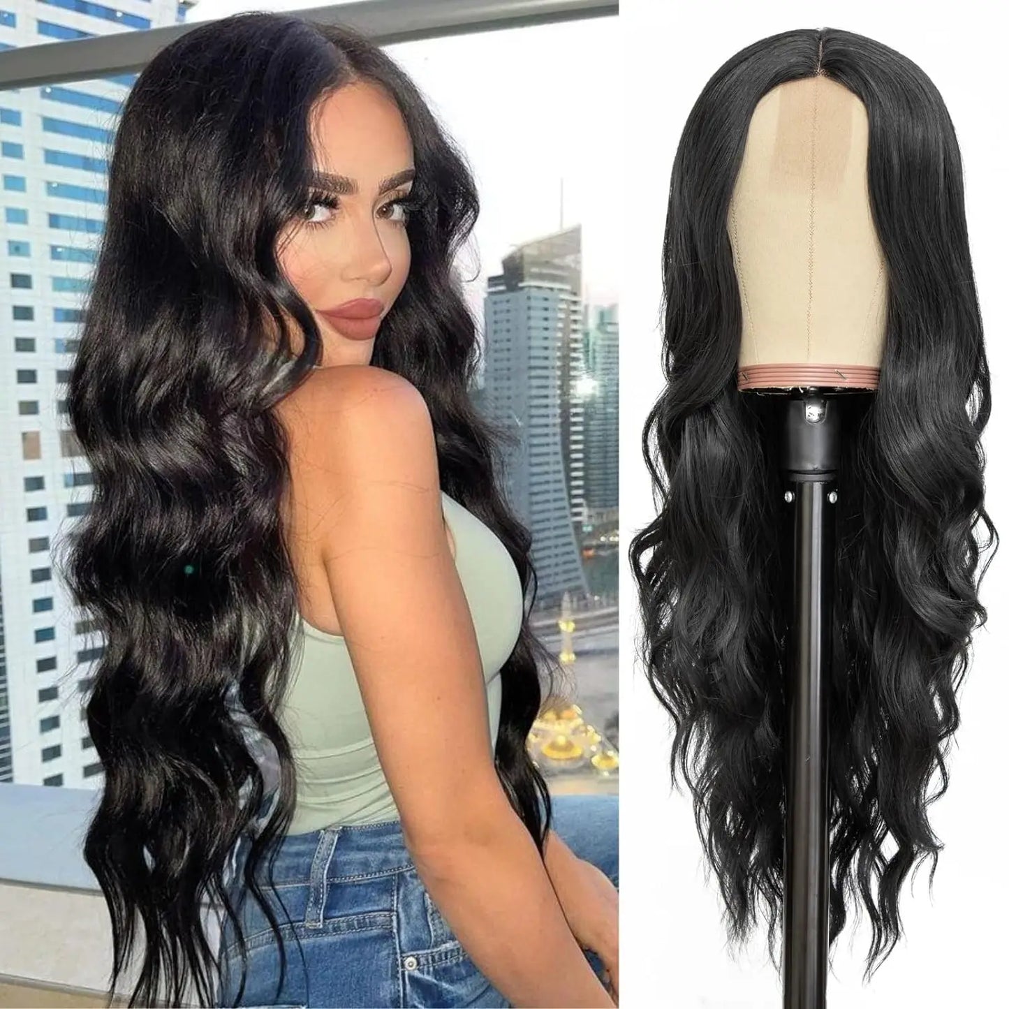 26-Inch Synthetic Ombre Blonde Wavy Wig for Women — Long Middle Part Curly, Heat-Resistant Natural-Look Hair