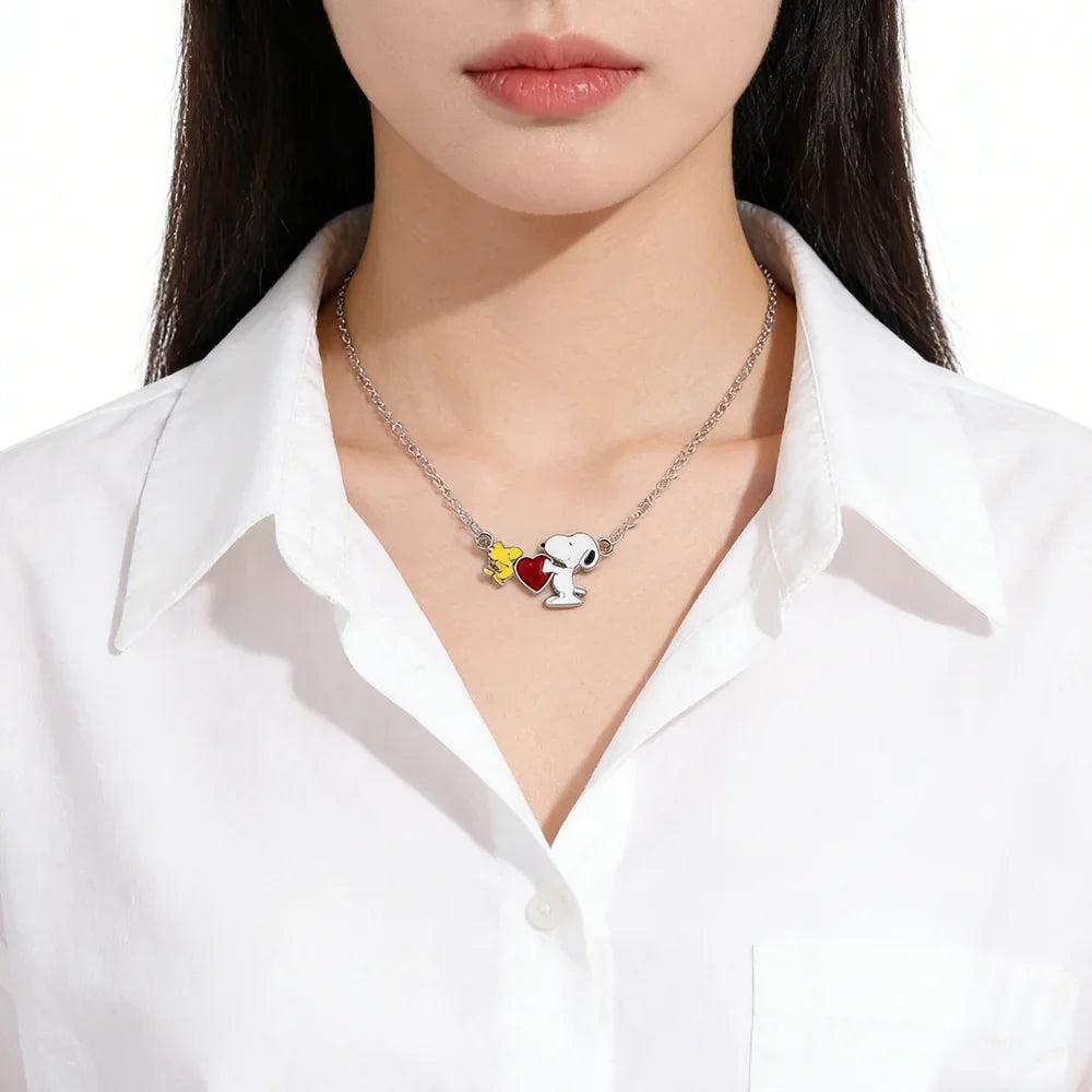 Snoopy Woodstock Friendship Necklace - Silver-Tone Moon & Heart Pendant with Cute Enamel & Rhinestone Details