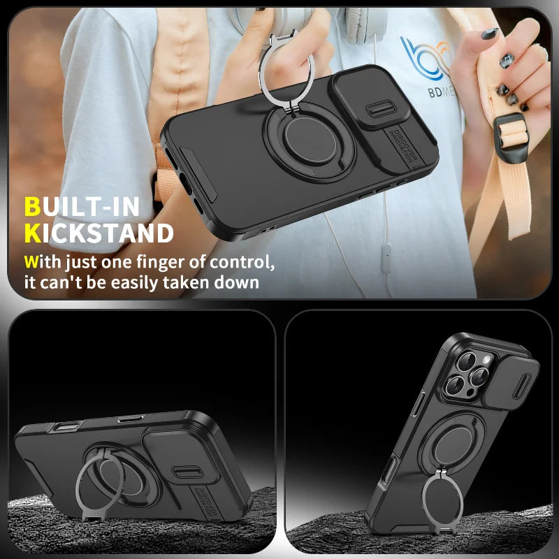 Luxury Rugged Armor Magnetic Case – Heavy Duty PC Cover with Slide Camera Protection for iPhone 16, 15, 14, 13, 12, 11 Pro Max Plus