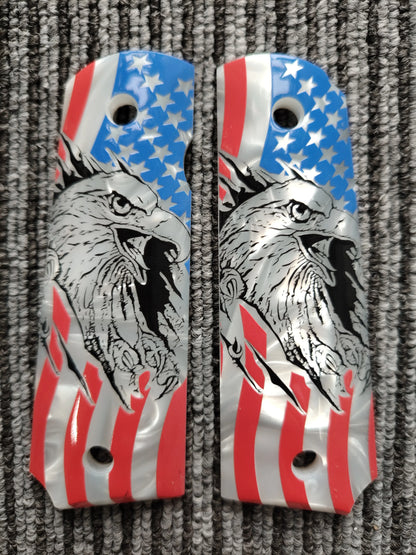 1911 Pearl Pistol Grips - White Eagle Design Full Size Grip Panels for Colt & 1911 Models