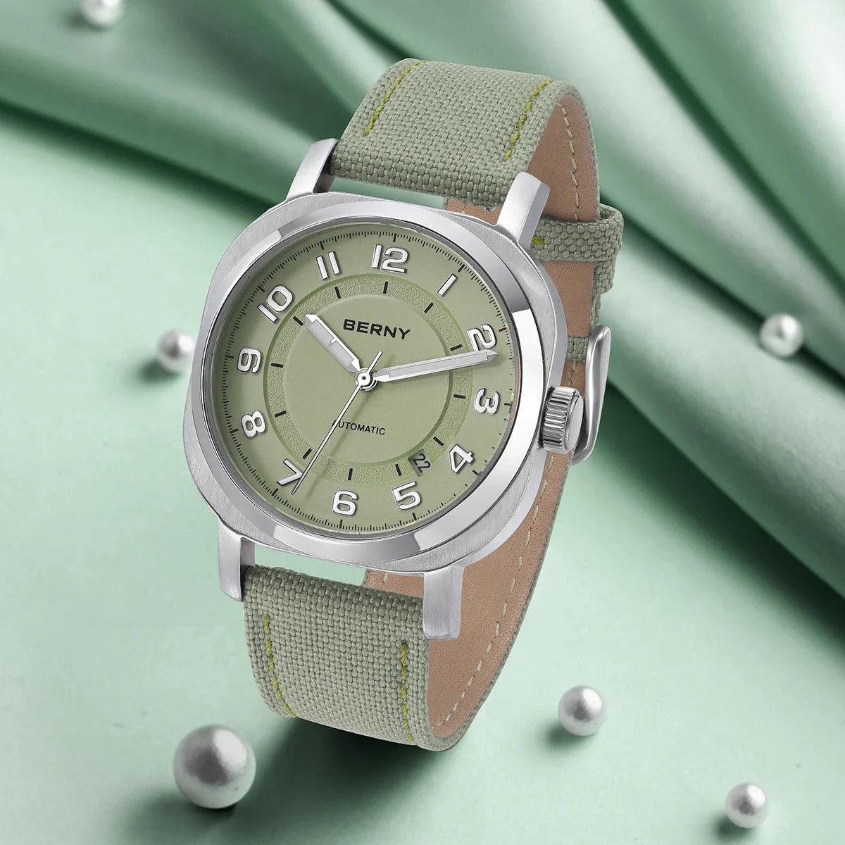 BERNY Women’s Mechanical Watch — Self-Wind Pillow Cushion Design with Sapphire Crystal, Super Luminous Display, Canvas Strap, and Calendar Function