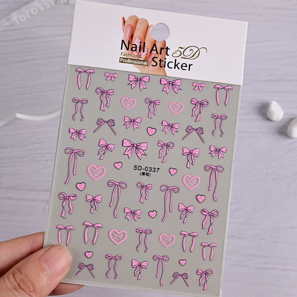 5D Pink & White Bowknot Nail Stickers – Self-Adhesive Kawaii Ribbon Nail Art Decals for DIY Manicure & Nail Decoration