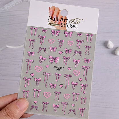 5D Pink & White Bowknot Nail Stickers – Self-Adhesive Kawaii Ribbon Nail Art Decals for DIY Manicure & Nail Decoration