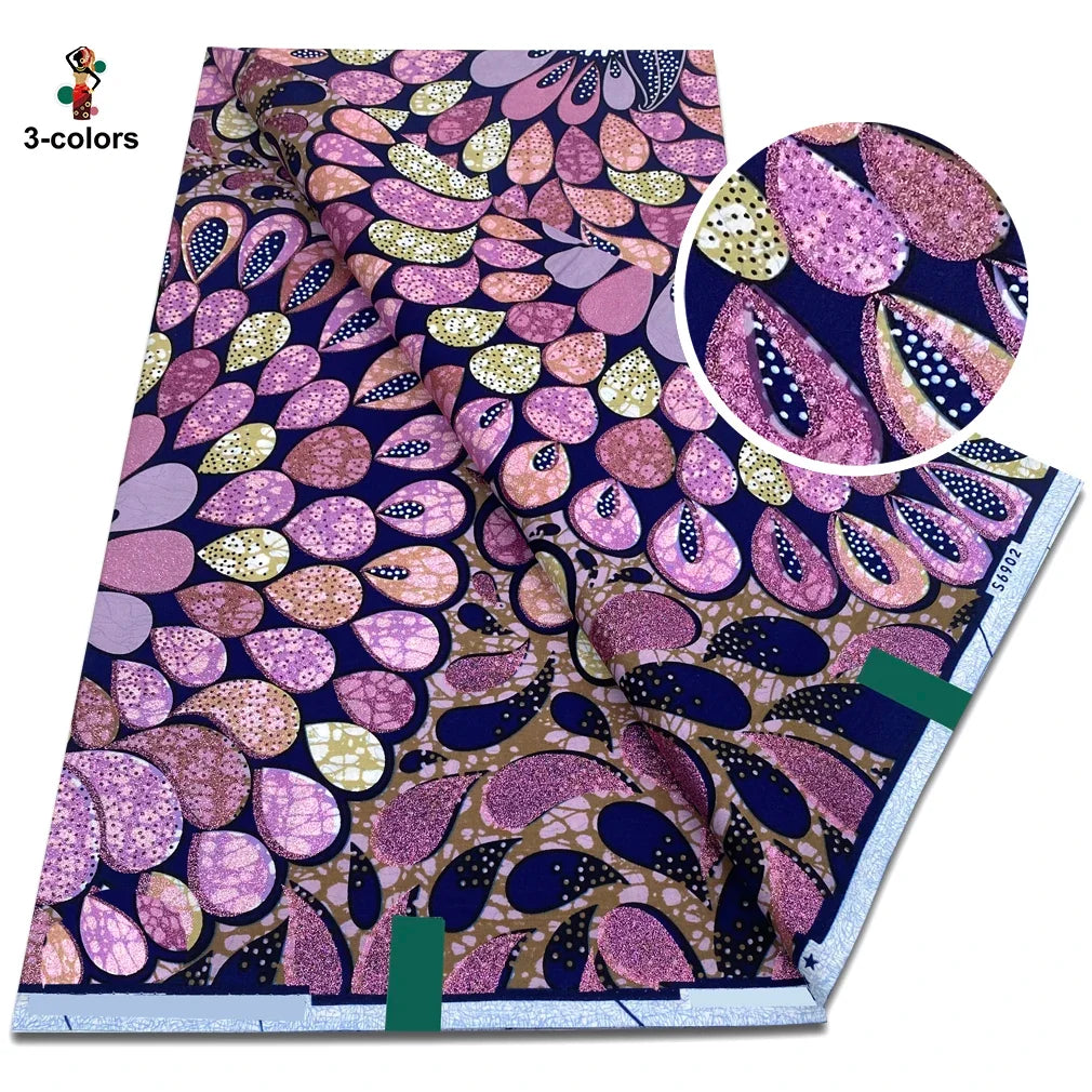 2026 African Glitter Glam Wax Fabric - 100% Cotton Golden Ankara Print 6 Yards