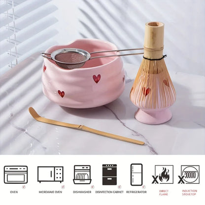5PCS Pink Heart Matcha Set - Ceramic Tea Bowl with Bamboo Whisk, Scoop, Sifter & Holder