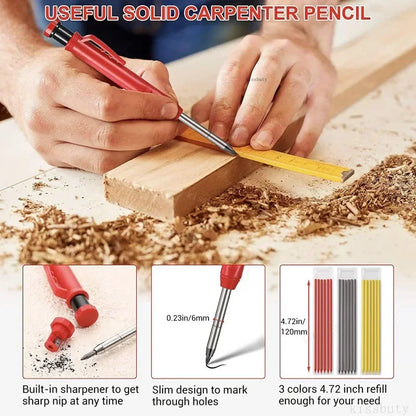 Carpenter Mechanical Pencil Set - 2.8mm Solid Woodworking Pencil With Sharpener & 3 Color Refills For Construction Tools
