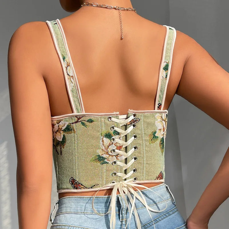 French Style Floral Corset Crop Cami – Bow Tie Lace-Up Spaghetti Strap Fitted Bustier Top for Women