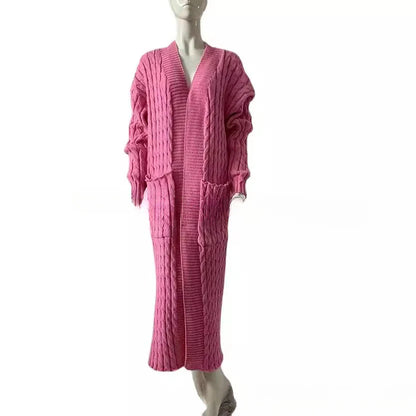 Women’s Long Knit Cardigan with Pockets – Vintage Full Sleeve Thick Autumn Winter Sweater Coat