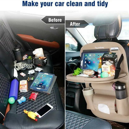 Car Seat Back Organizer with Foldable Table Tray – PU Leather Storage with Pockets, Kick Mats & Interior Accessories