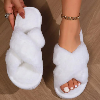 Popular Cross Furry Slippers for Women – Fluffy EVA Slides, Soft Flat Shoes for Autumn & Winter Outdoor Fashion