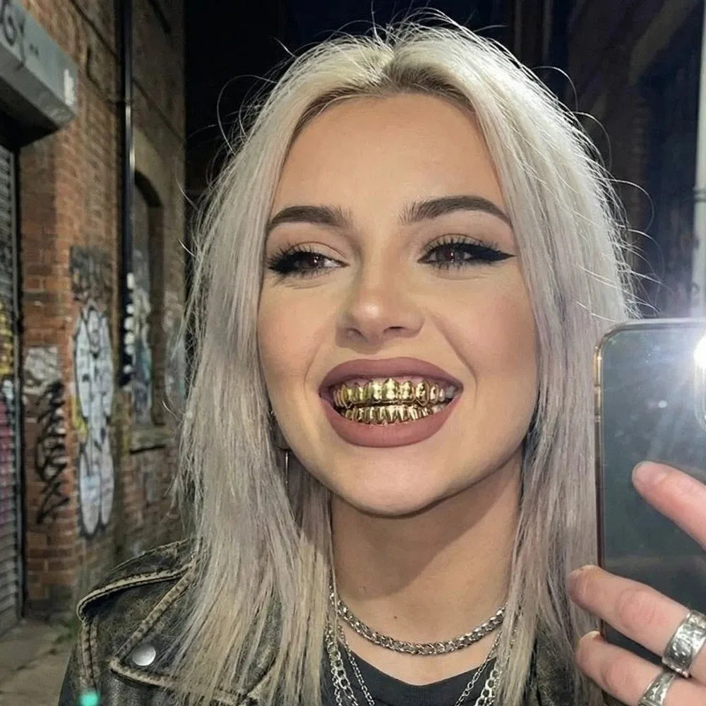 Glossy Teeth Grillz Set - Top & Bottom Anti-Slip Copper Dental Caps Gold Silver Halloween Jewelry Accessory