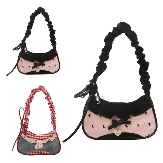 Fashion Grid Lace Shoulder Bag - Stretchable Ribbon Strap Underarm Handbag for Women, Students & Daily Commuting
