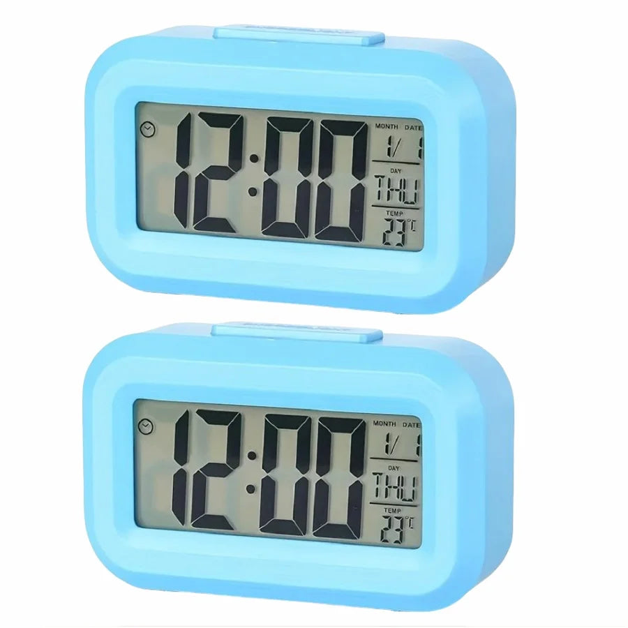 Smart Digital Alarm Clock – Black & White LCD with Temperature, Calendar, Timer & LED Light for Bedroom or Office (No Battery)