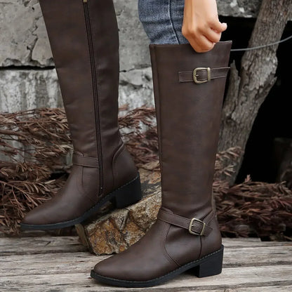 Women’s Winter High-Top Knight Boots – Side Zipper & Belt Buckle, Pointed Toe, PU Material with Cotton Lining