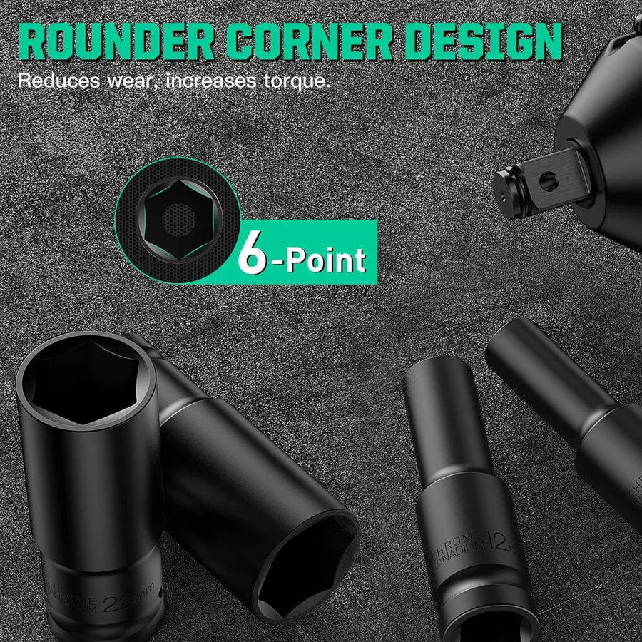 1/2-Inch Drive Impact Socket Set - 6-Point Metric Carbon Steel Sockets with Storage Case